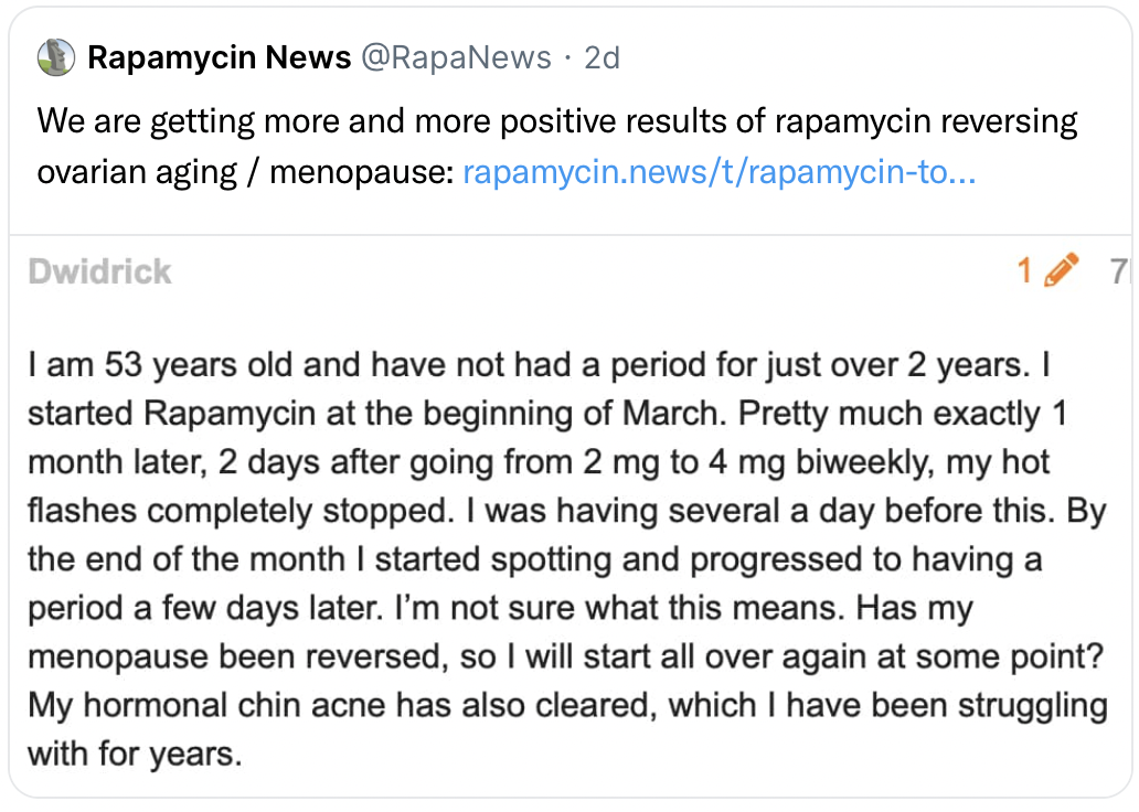 A patient's positive response to rapamycin in treating ovarian aging, as featured on Rapamycin News.