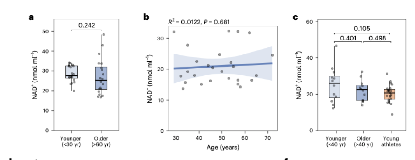 Three plots show %NAD+ levels in different age groups and young athletes.