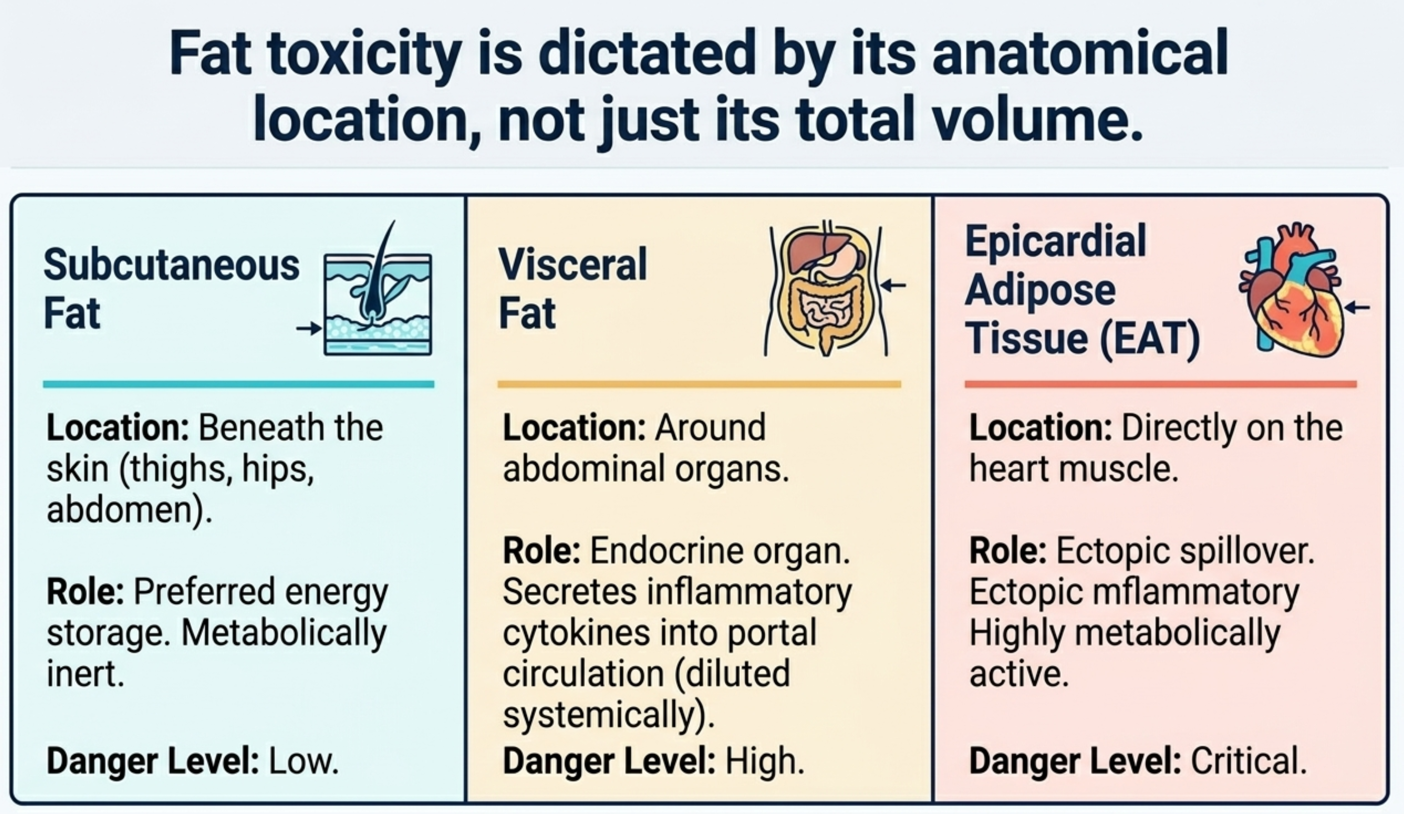 Infographic comparing subcutaneous, visceral, and epicardial fat toxicity based on anatomical location.