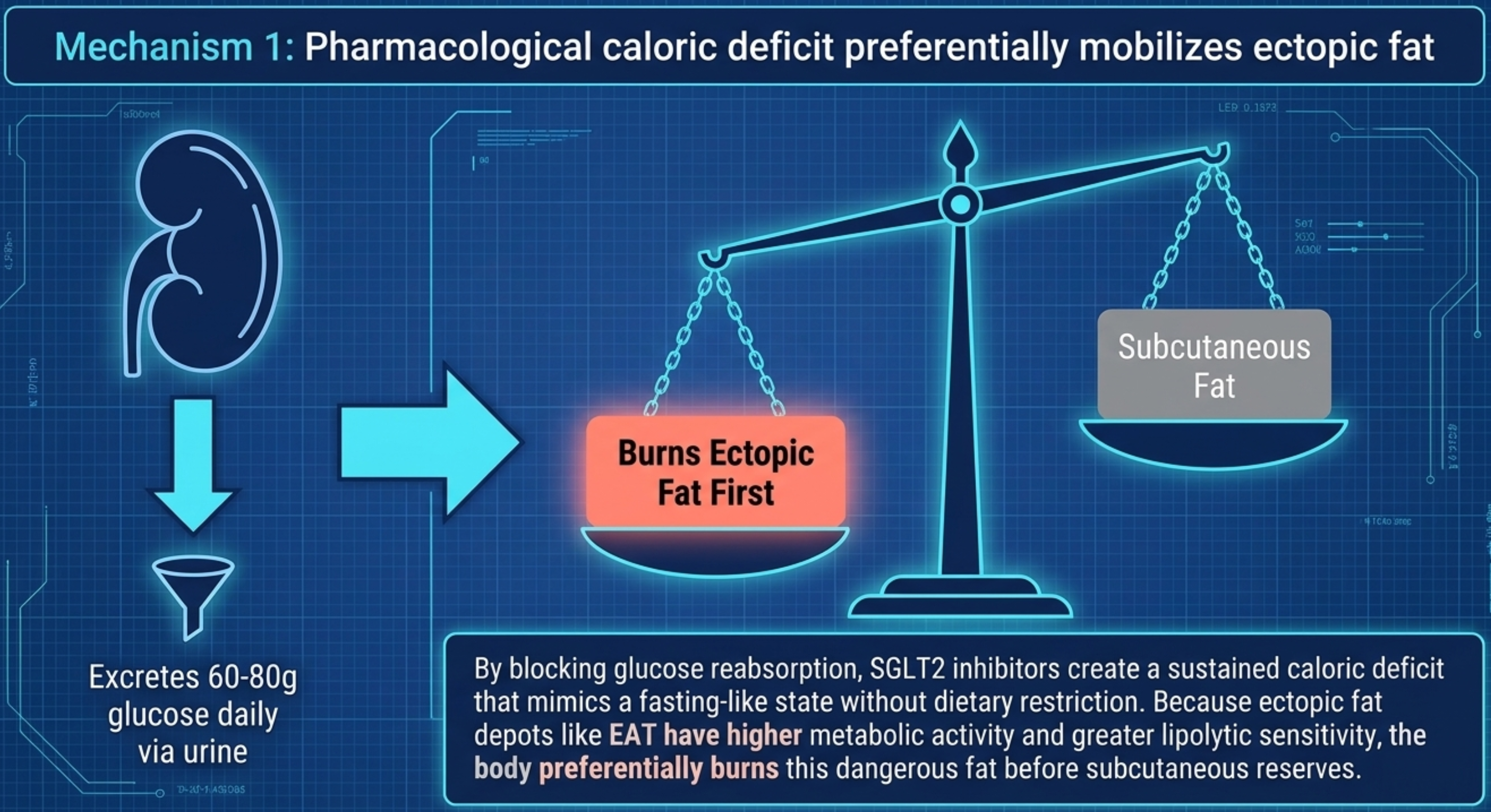 Diagram illustrating how pharmacological caloric deficit mobilizes ectopic fat before subcutaneous fat.