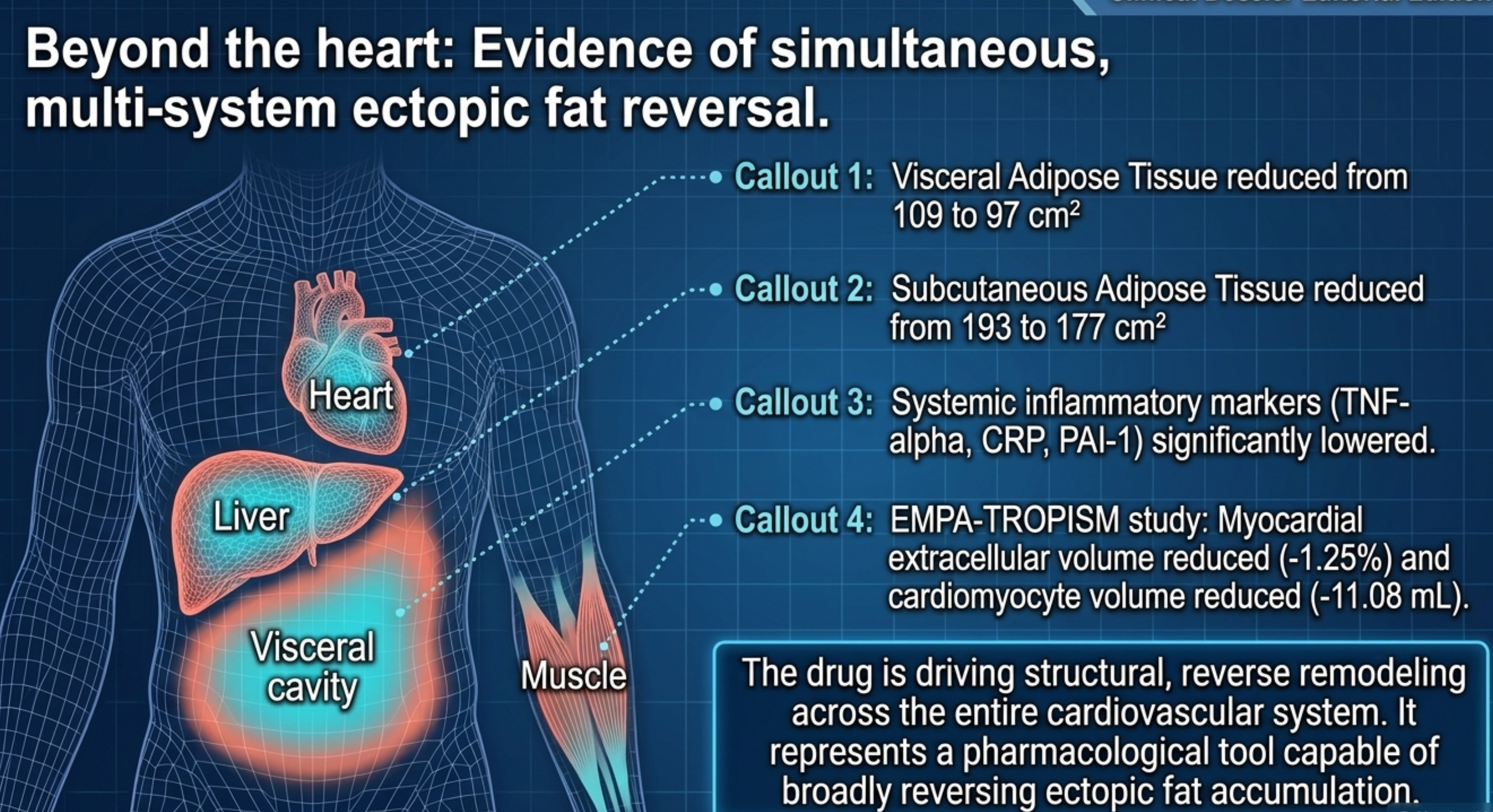 Diagram illustrates multi-system ectopic fat reversal, showing adipose tissue reduction and lowered inflammatory markers.