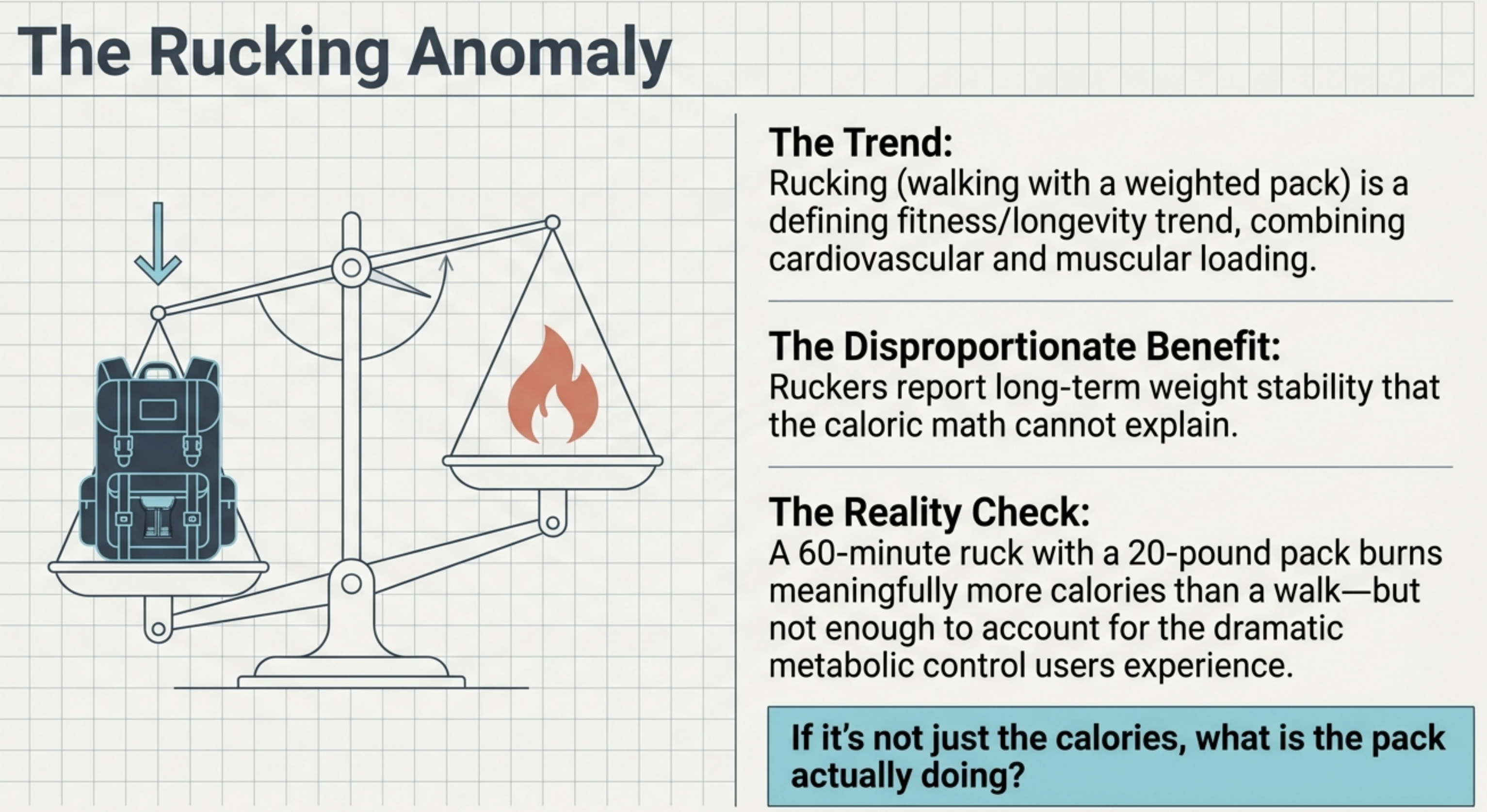 Scale balancing a weighted backpack against a flame, representing the Rucking Anomaly concept.