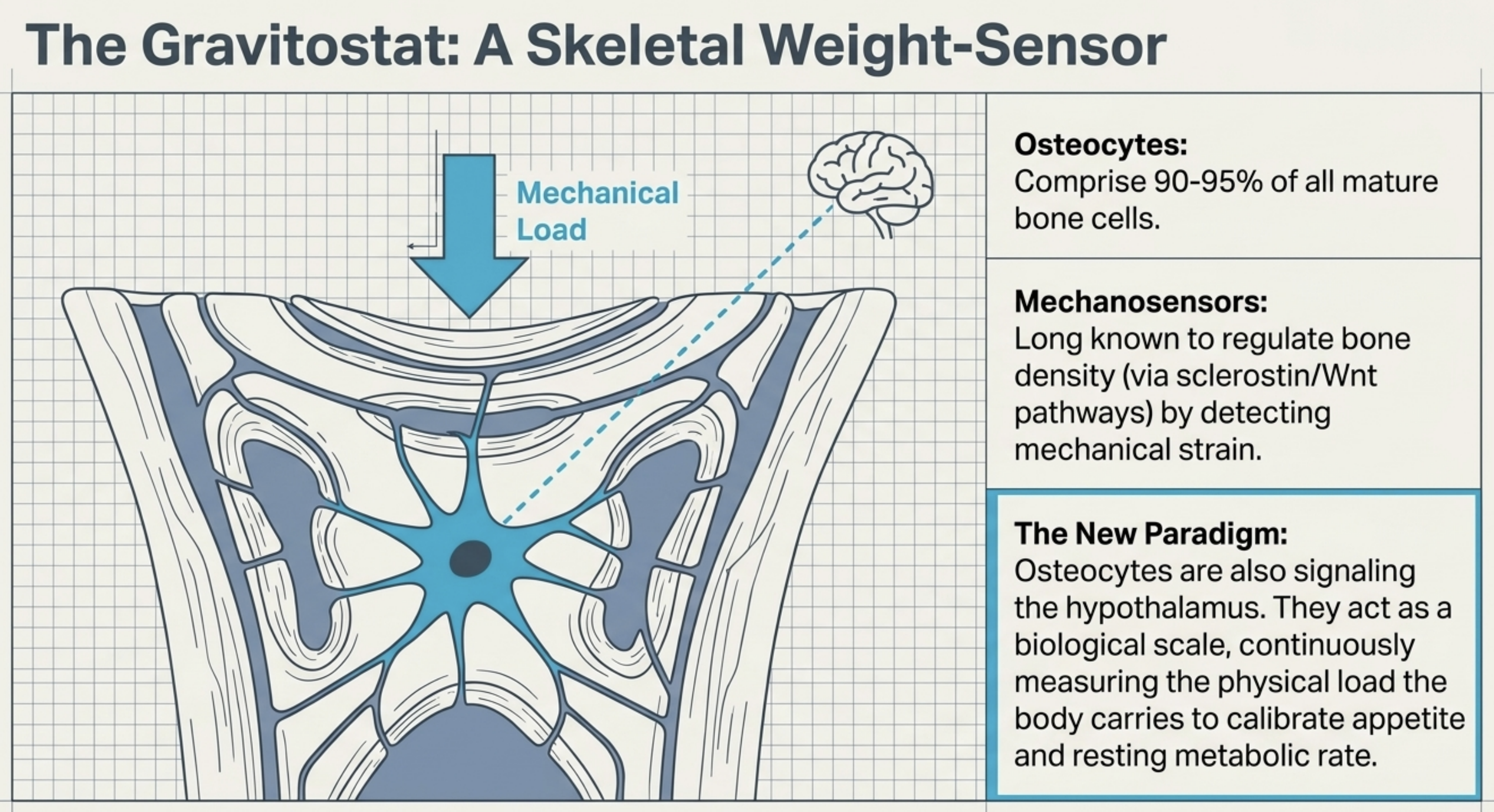 Diagram of the Gravitostat, illustrating osteocytes as skeletal weight-sensors responding to mechanical load.