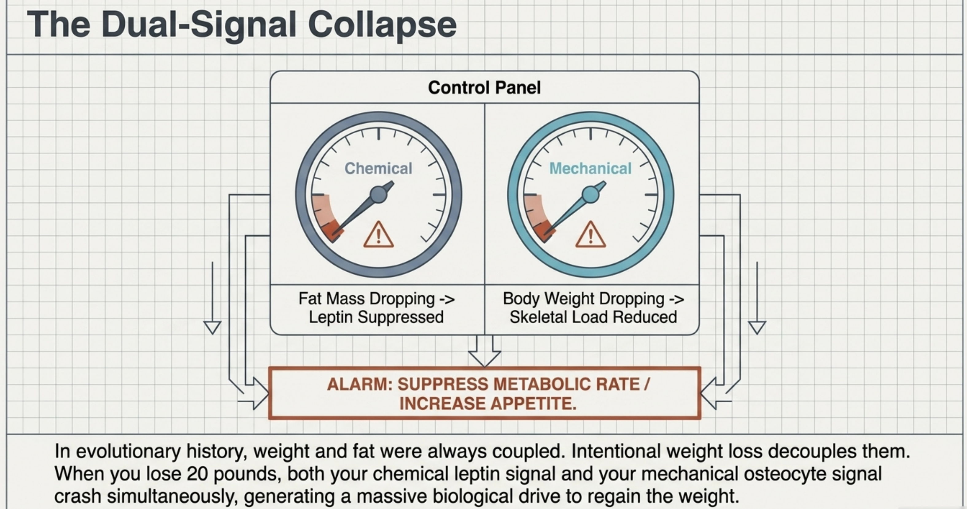 Diagram illustrating the dual-signal collapse, with gauges showing chemical and mechanical signals.