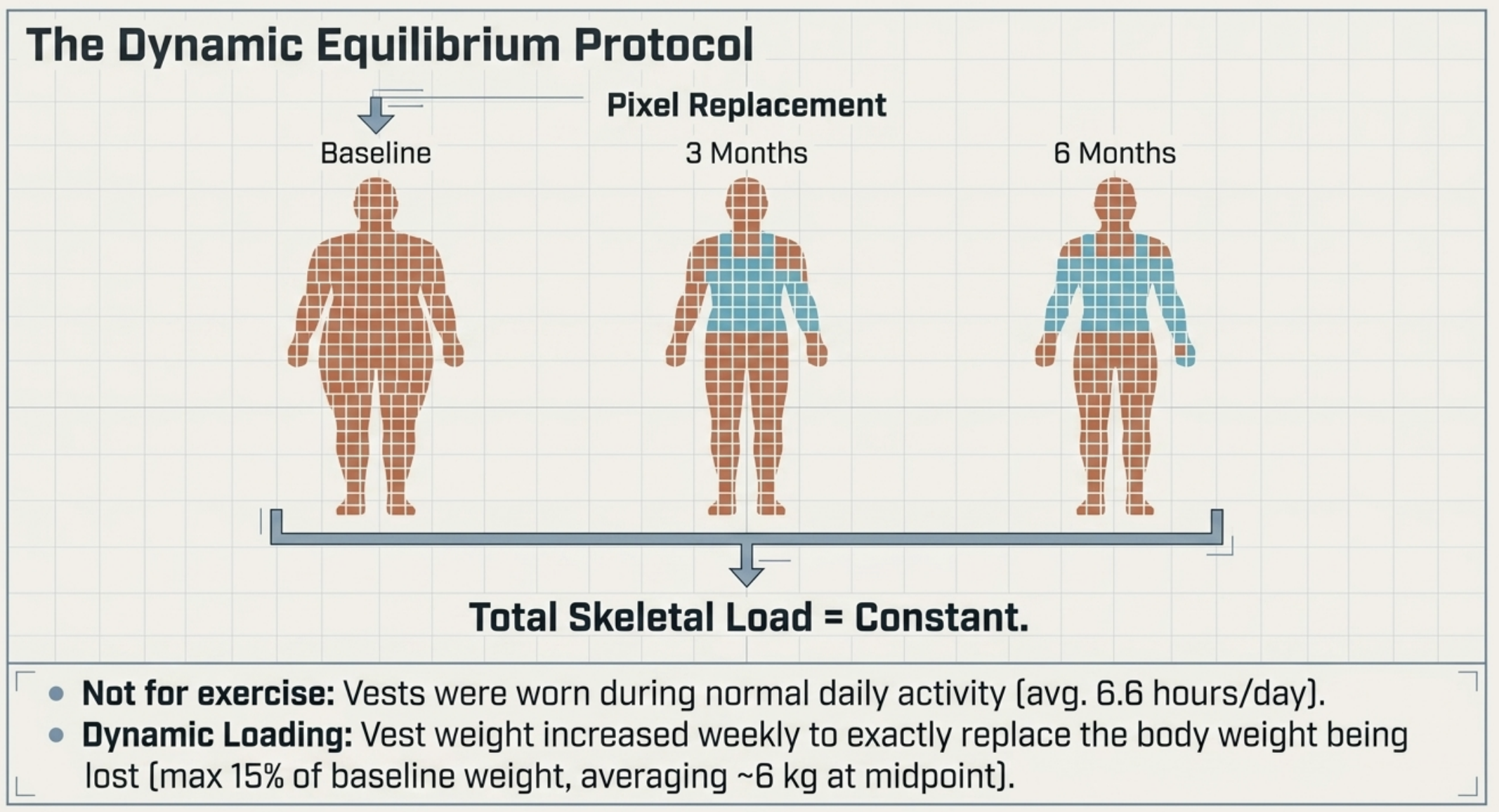 Dynamic Equilibrium Protocol diagram: body shape changes over 6 months, illustrating pixel replacement.