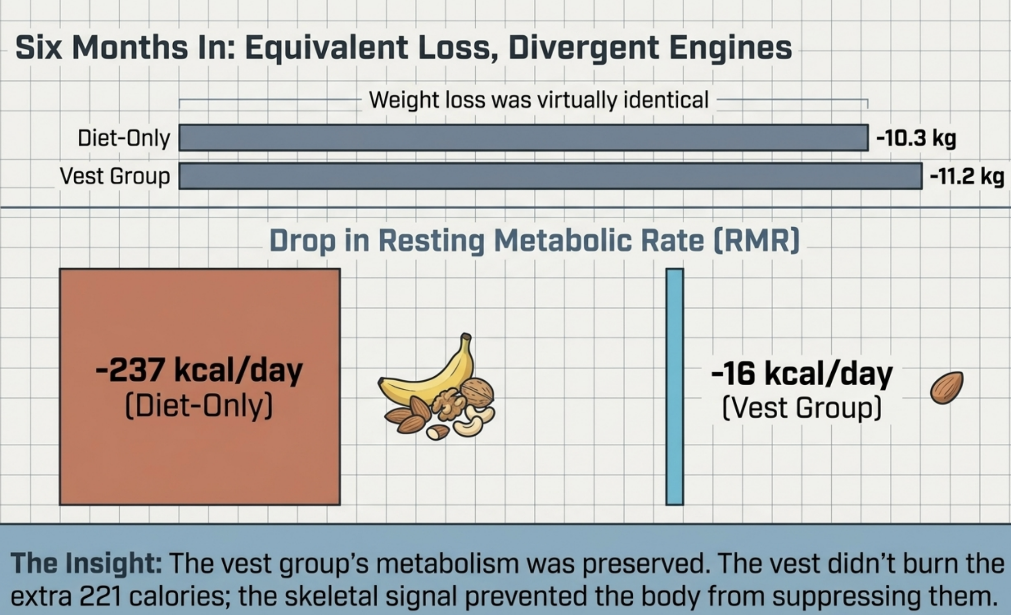 Chart comparing weight loss and resting metabolic rate drop for diet-only and vest groups.