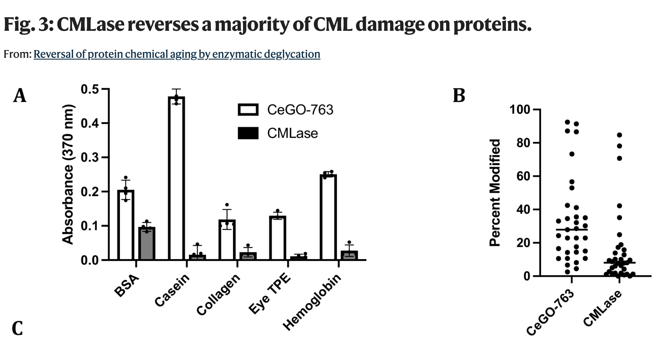 Bar and scatter plots illustrating CMLase's effectiveness in reversing CML damage on proteins.