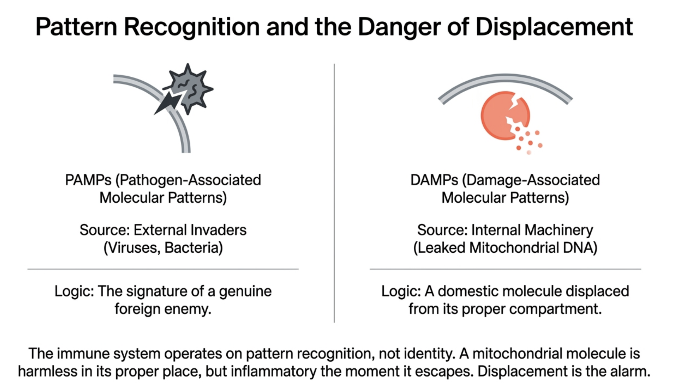 Diagram comparing PAMPs (external invaders) and DAMPs (internal damage) in immune system pattern recognition.