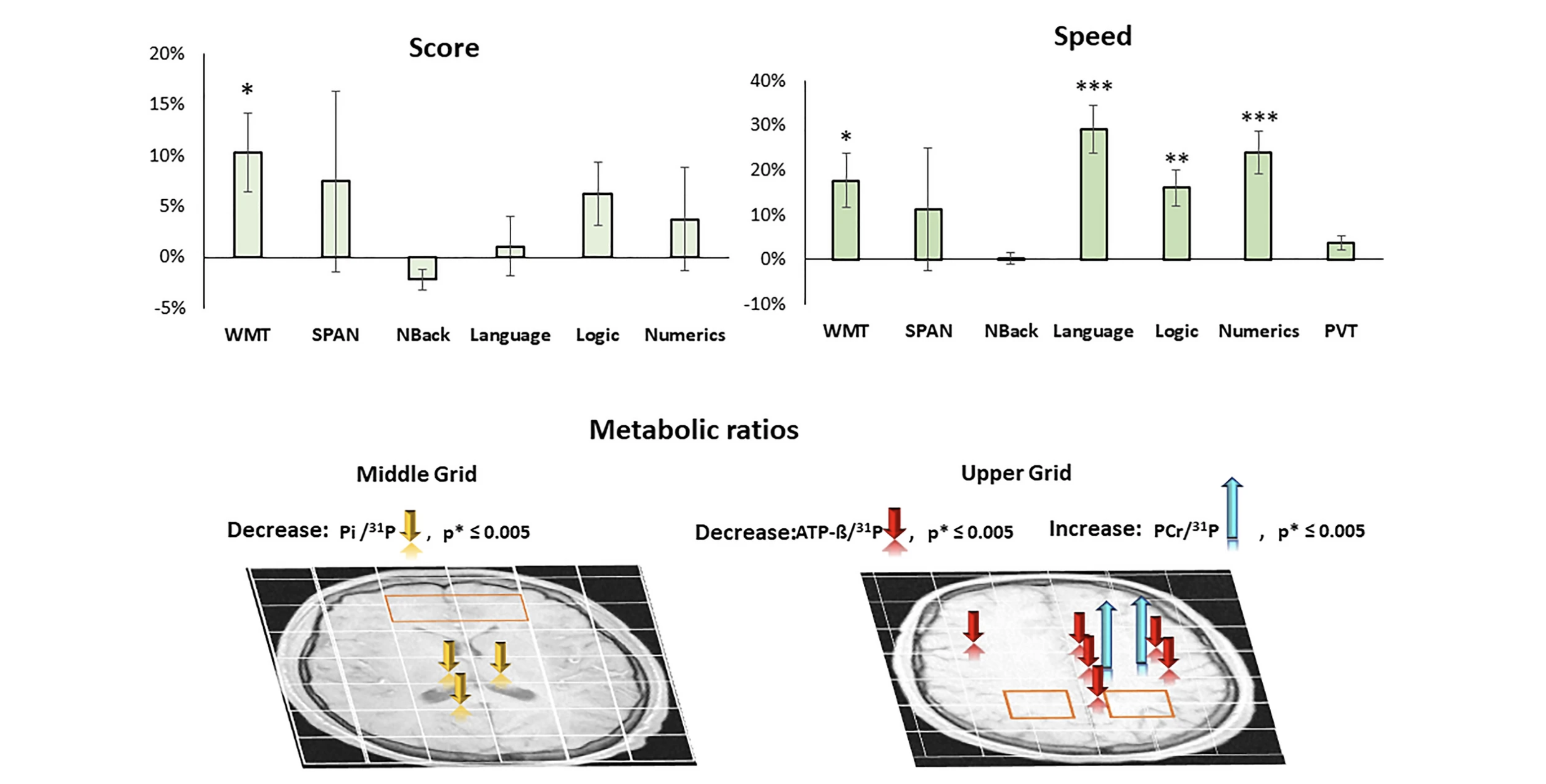 Bar charts show cognitive scores and speed, alongside brain scans illustrating metabolic ratio changes.