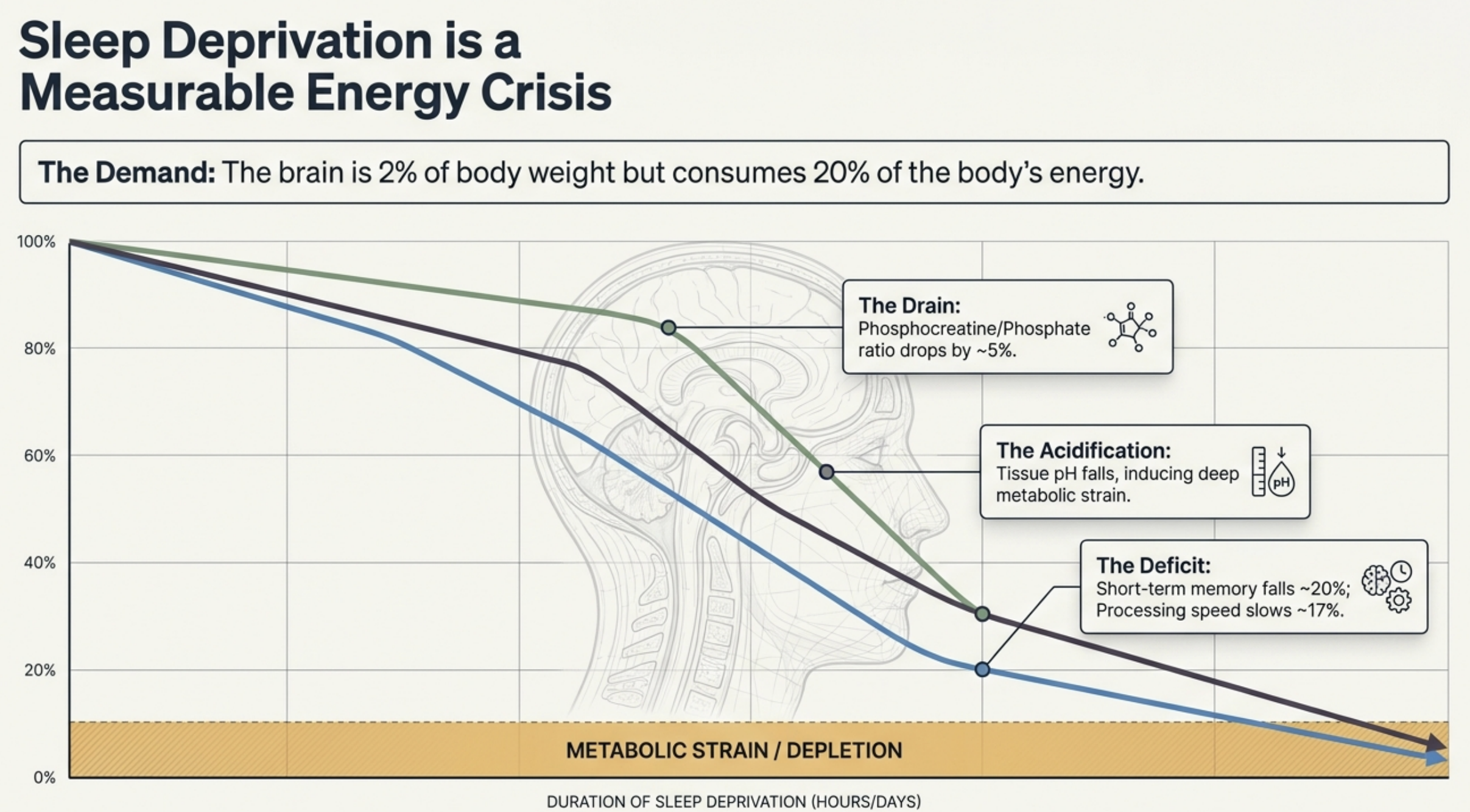 Line graph showing how sleep deprivation leads to metabolic strain and depletion in brain energy.