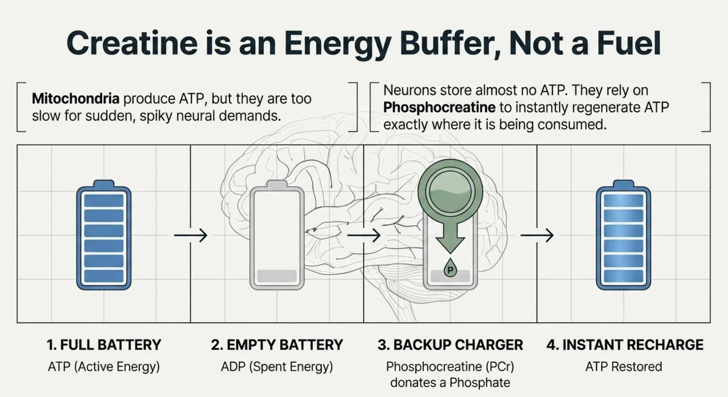Diagram showing creatine as an energy buffer, instantly regenerating ATP from ADP with phosphocreatine.