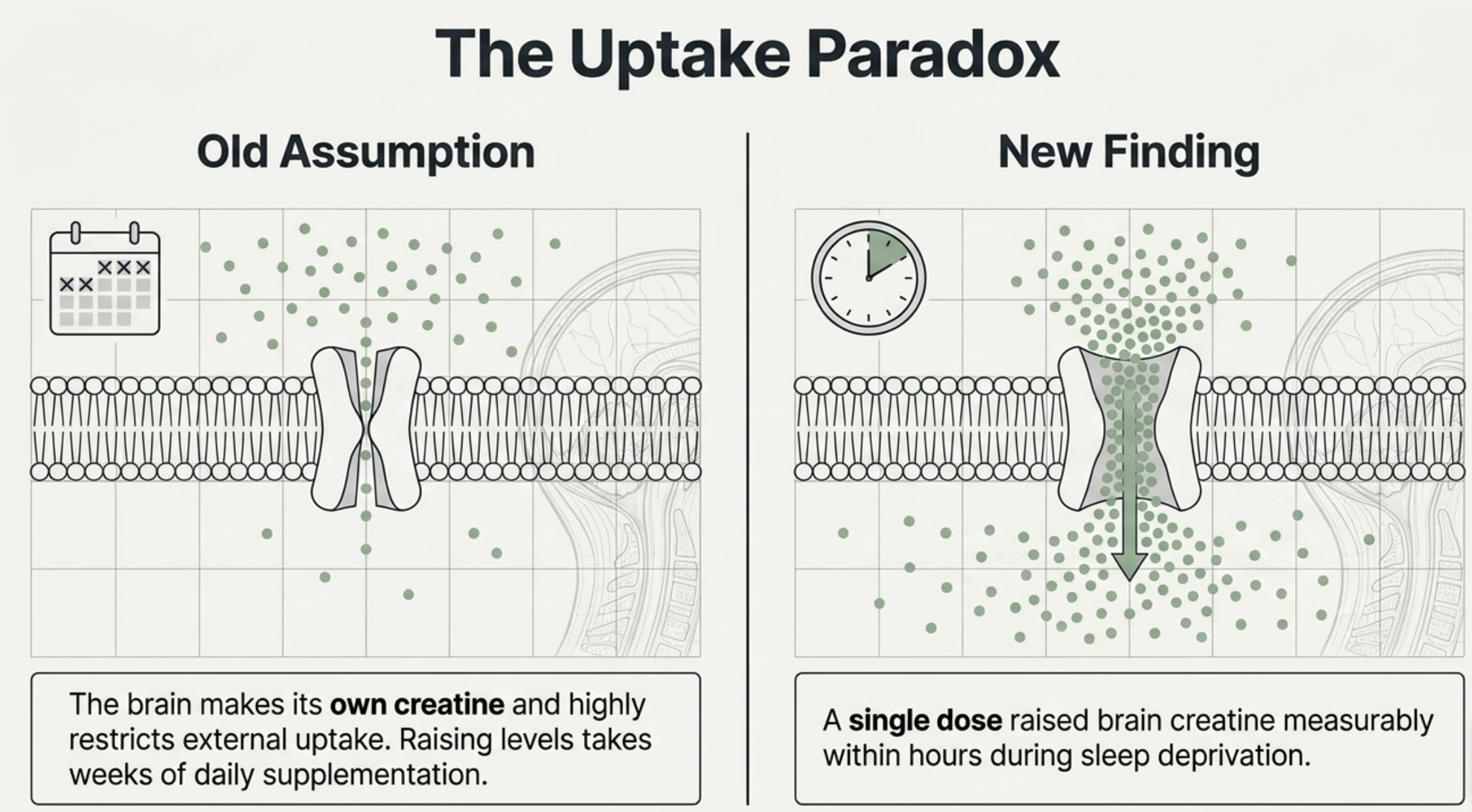 Diagram shows the creatine uptake paradox, comparing slow old assumptions with new rapid brain uptake.