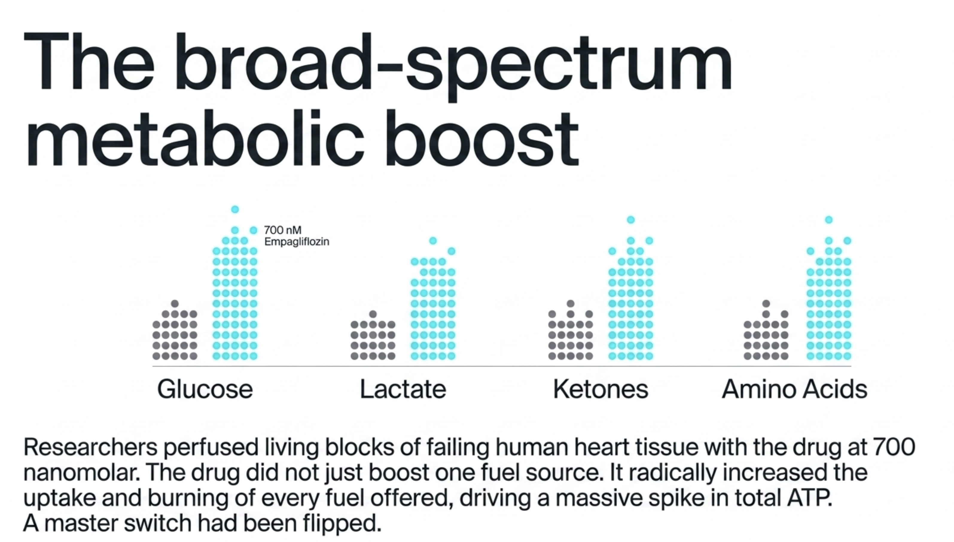 Chart shows a broad-spectrum metabolic boost with increased Glucose, Lactate, Ketones, and Amino Acids.