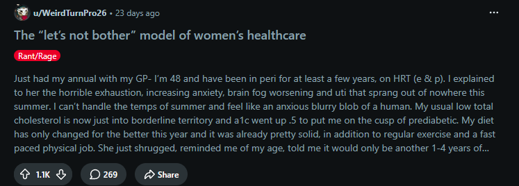 Reddit post by u/WeirdTurnPro26: The “let’s not bother” model of women’s healthcare